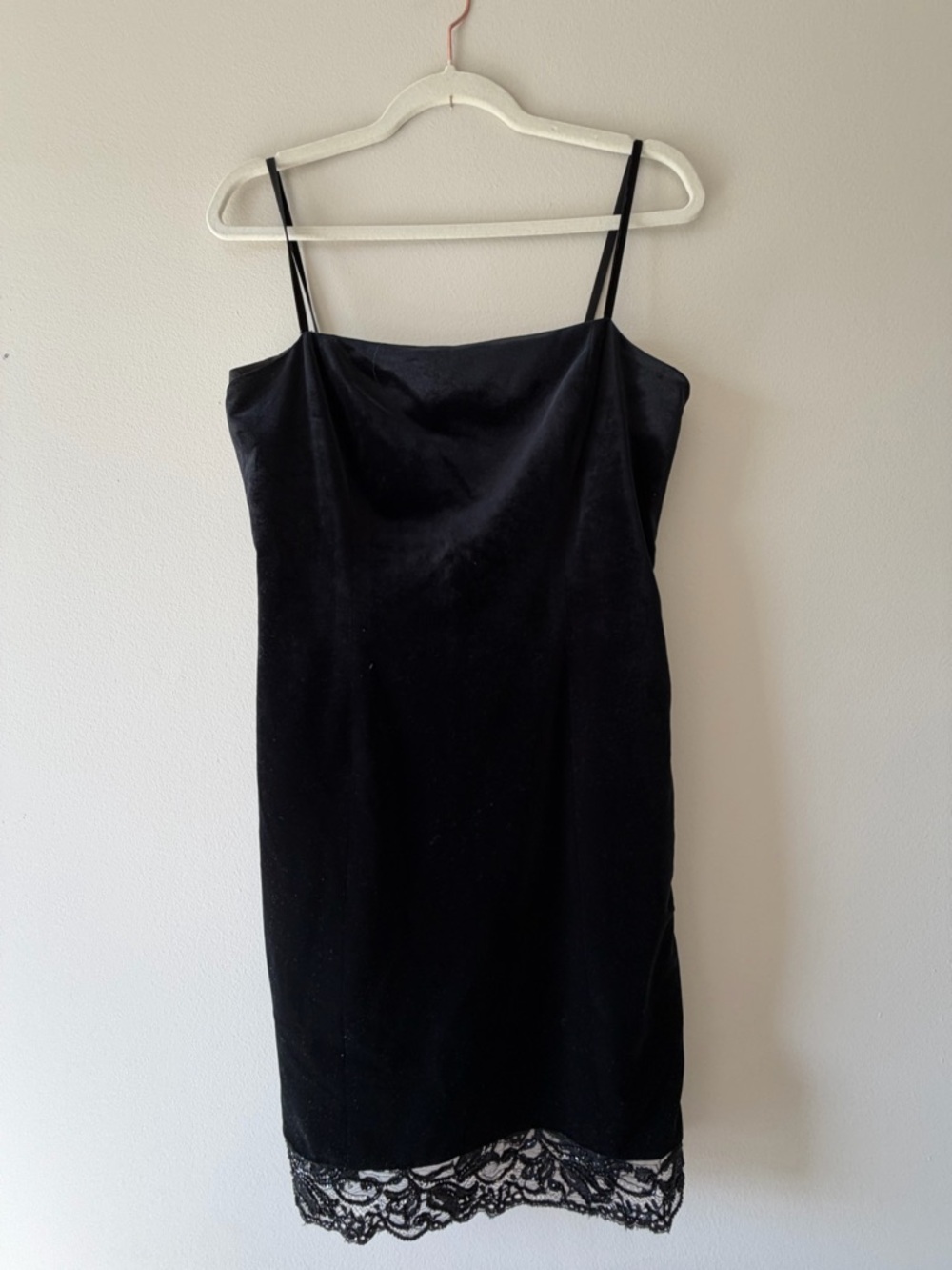 Black Satin Dress with Lace Hem
